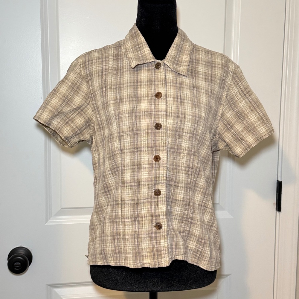 Woolrich Womens 90s Khaki Plaid Cotton Short Sleeve Button Up Shirt Size M